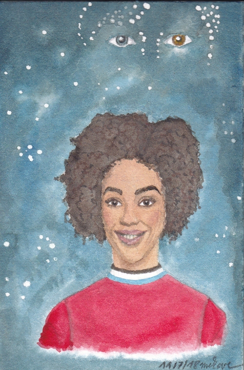 smiling Black woman in front of space background, stars forming eyes and parts of a face in the background